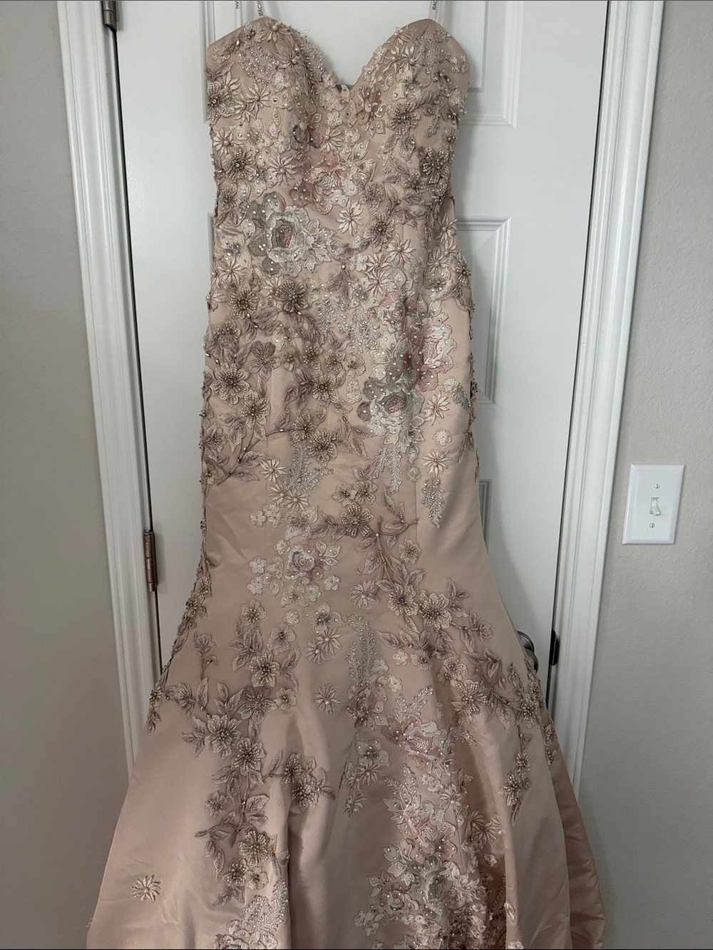 Rachel Allan Blush Floral Embroidered Strapless Prom Dress